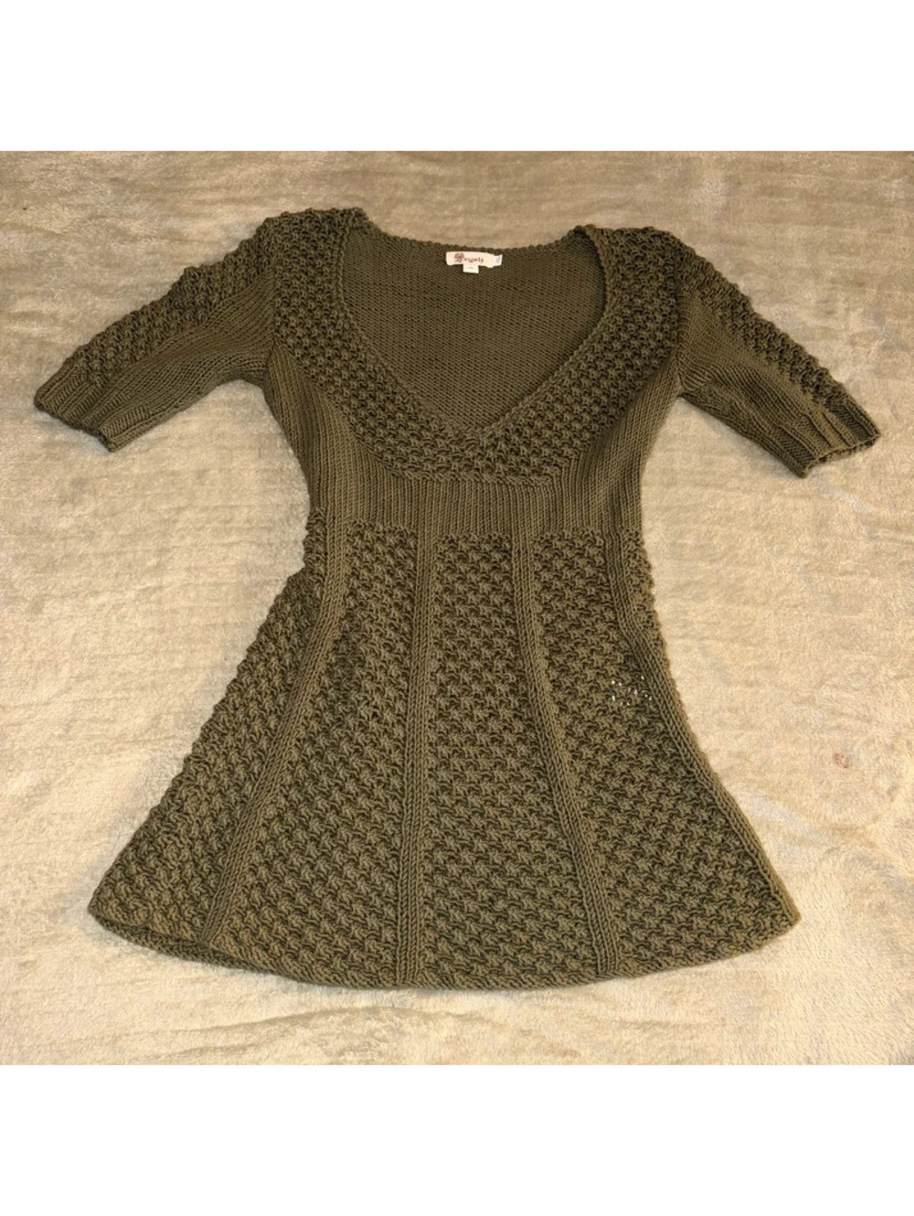 Green fall Chic Low V neck sweater mini dress